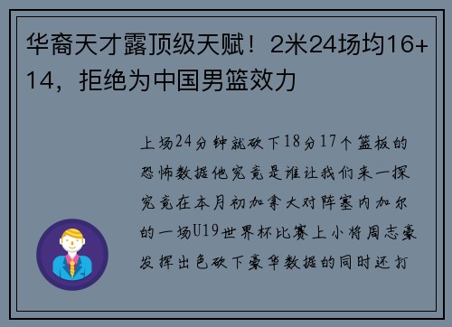 华裔天才露顶级天赋!2米24场均16+14,拒绝为中国男篮效力