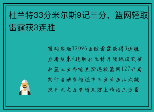杜兰特33分米尔斯9记三分,篮网轻取雷霆获3连胜